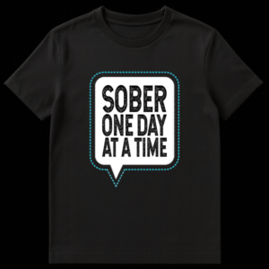 Black t-shirt with white text reading SOBER ONE DAY AT A TIME in a bold font on Black t-shirt
