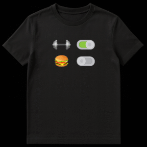 Minimalist black t-shirt design featuring a green toggle switch next to a dumbbell icon and a grey toggle switch next to a burger icon on Black t-shirt