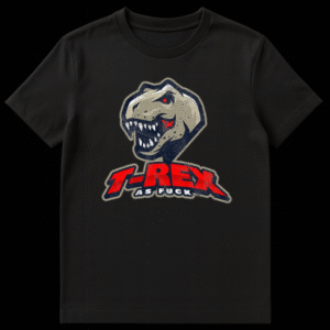 Distressed vintage style t-shirt design featuring a roaring beige T-Rex head with a red eye and bold red text reading T-REX AS FUCK on a black background on Black t-shirt