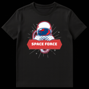 Cartoon astronaut in a white spacesuit peeking over a red banner that says Space Force against a black background with stars on Black t-shirt