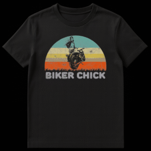 Vintage style illustration of a woman sitting on a motorcycle with a retro striped sunset background and Biker Chick text on Black t-shirt