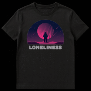 Silhouette of an astronaut standing on a purple planet looking at a large red moon with text LONELINESS below on Black t-shirt