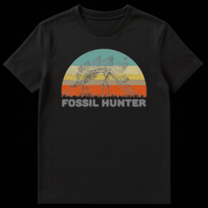 Vintage style t-shirt design with a Stegosaurus skeleton walking in front of a retro striped sunset with text reading Fossil Hunter on Black t-shirt