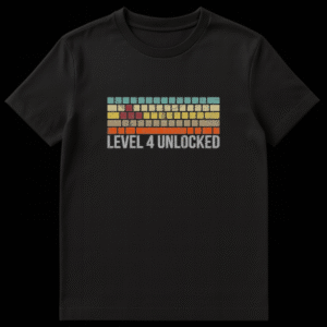 Retro style computer keyboard graphic with muted stripes and text reading Level 4 Unlocked with distressed texture. on Black t-shirt
