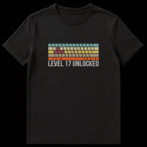 Black t-shirt with retro arcade brick breaker game graphic and distressed text reading Level 17 Unlocked on Black t-shirt