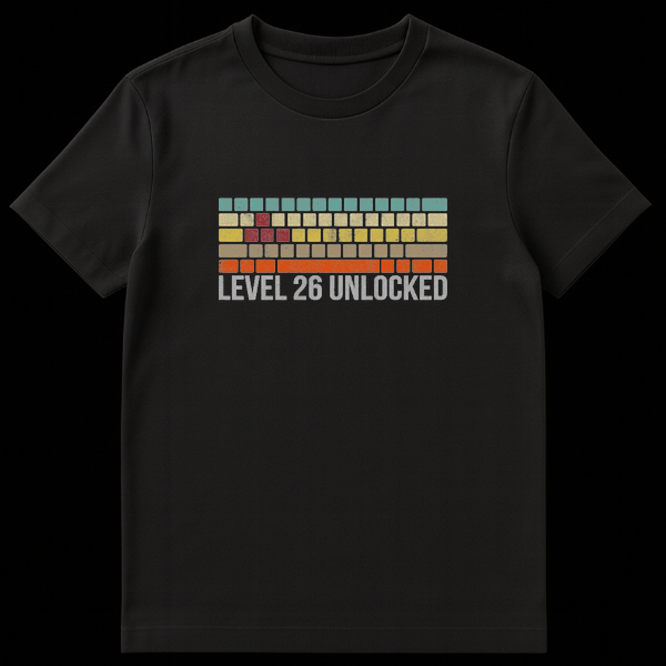 Black t-shirt with retro 8-bit block puzzle graphic and text Level 26 Unlocked in distressed white font on Black t-shirt