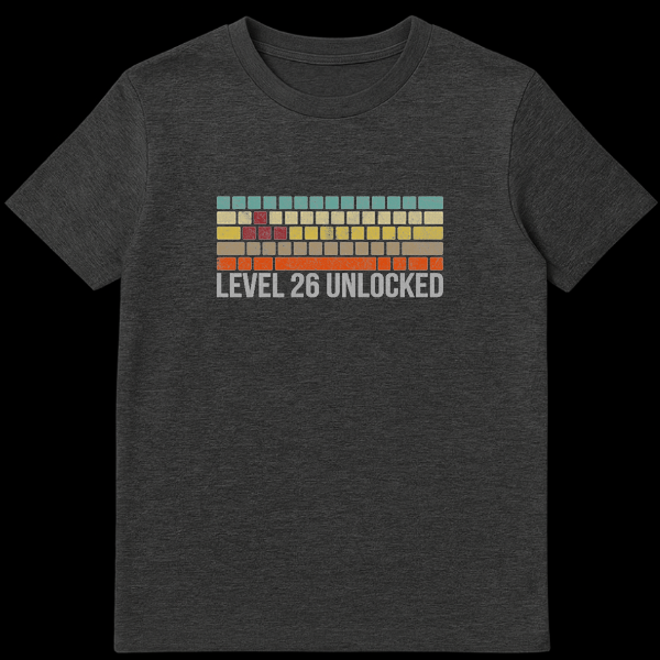 Black t-shirt with retro 8-bit block puzzle graphic and text Level 26 Unlocked in distressed white font on Dark Heather t-shirt