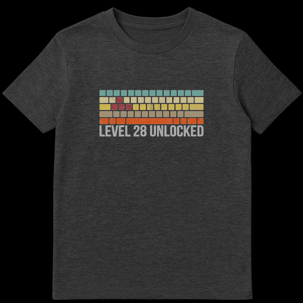 Level 28 Unlocked t-shirt design featuring retro brick breaker arcade game graphics in teal, yellow, and orange on Dark Heather t-shirt