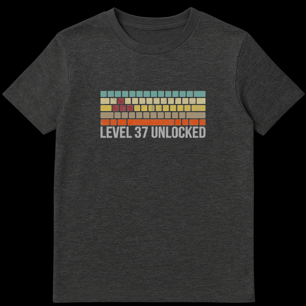 Retro video game style graphic with colored bricks and text reading Level 37 Unlocked in a distressed font on Dark Heather t-shirt