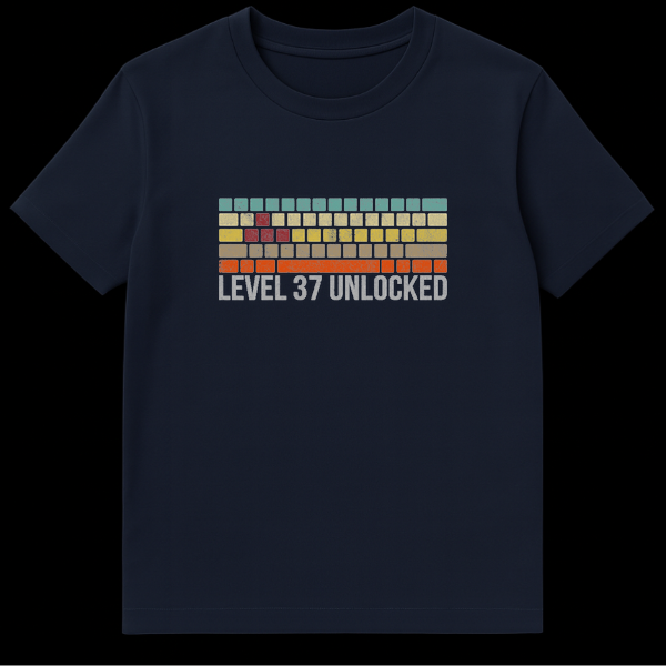 Retro video game style graphic with colored bricks and text reading Level 37 Unlocked in a distressed font on Navy Blue t-shirt