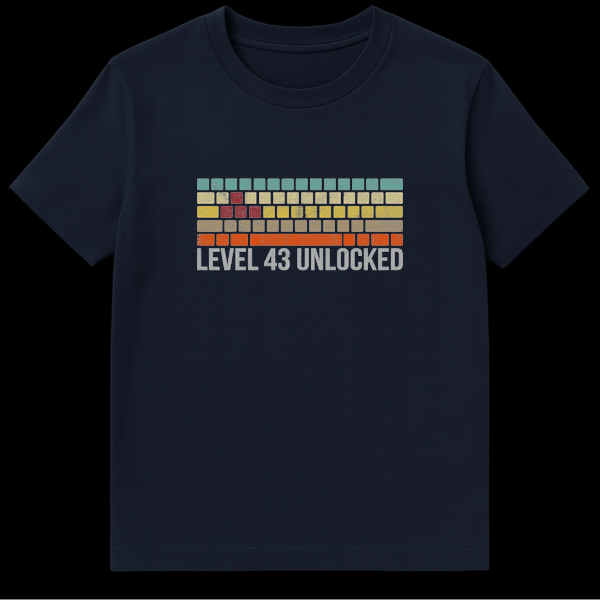 Black t-shirt featuring retro 8-bit colored blocks and white text reading Level 43 Unlocked on Navy Blue t-shirt