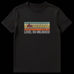 Retro arcade game graphic with colored bricks and paddle above text reading Level 59 Unlocked on Black t-shirt
