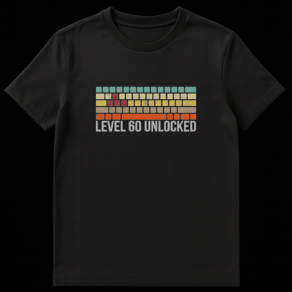 Black t-shirt with Level 60 Unlocked text and retro pixelated arcade blocks in teal, beige, yellow, and orange distressed colors on Black t-shirt