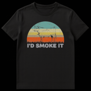 Retro style t-shirt design featuring a cow butcher chart silhouette against a vintage striped sunset with the text I'D SMOKE IT below on Black t-shirt