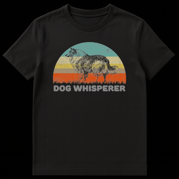 Vintage style Rough Collie dog profile illustration against a retro striped sunset with Dog Whisperer text on Black t-shirt