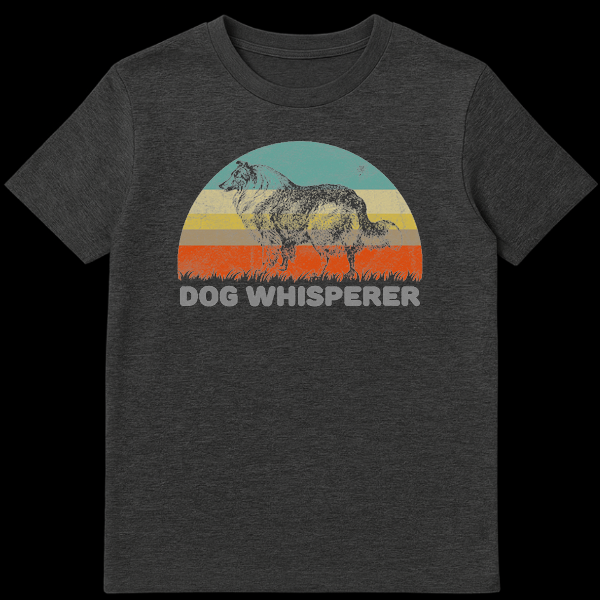 Vintage style Rough Collie dog profile illustration against a retro striped sunset with Dog Whisperer text on Dark Heather t-shirt