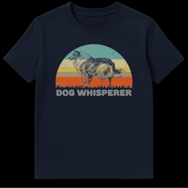 Vintage style Rough Collie dog profile illustration against a retro striped sunset with Dog Whisperer text on Navy Blue t-shirt