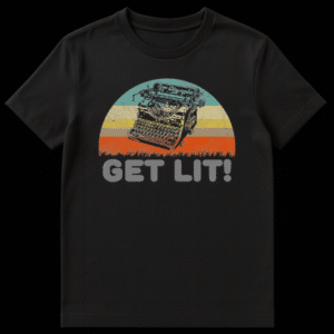 Vintage Olympia typewriter graphic with retro sunset stripes and distressed text reading GET LIT! on Black t-shirt