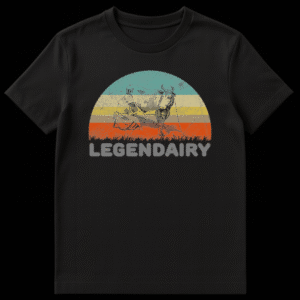 Vintage style graphic of a person milking a cow against a retro striped sunset with the text LEGENDAIRY below it. on Black t-shirt