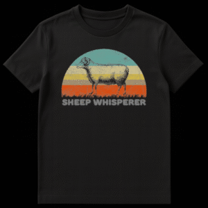 Vintage style graphic t-shirt featuring a sheep illustration with retro typography and distressed texture on Black t-shirt