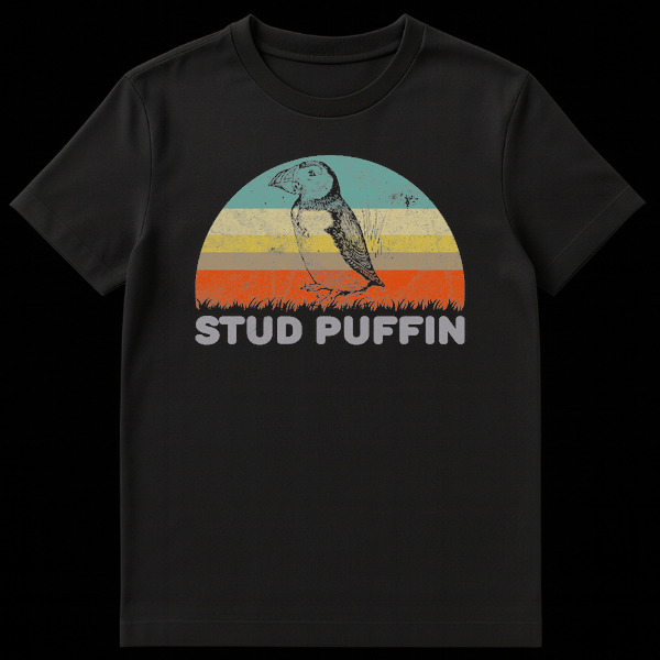 Vintage style puffin bird illustration with retro sunset stripes and the text Stud Puffin on Black t-shirt