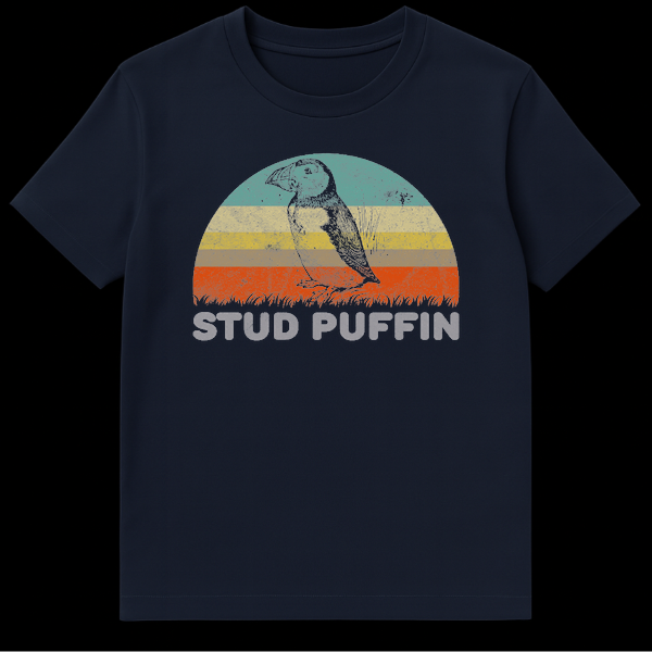 Vintage style puffin bird illustration with retro sunset stripes and the text Stud Puffin on Navy Blue t-shirt
