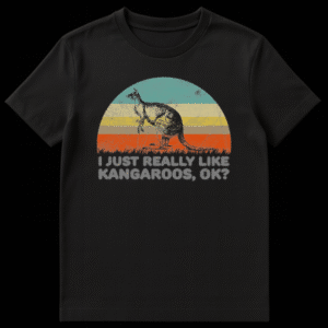 Vintage style kangaroo illustration with retro sunset background and funny text I Just Really Like Kangaroos Ok on a black t-shirt on Black t-shirt