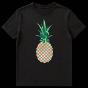 Stylized pineapple graphic t-shirt design with a plaid tartan pattern body and sharp green leaves on a black background on Black t-shirt