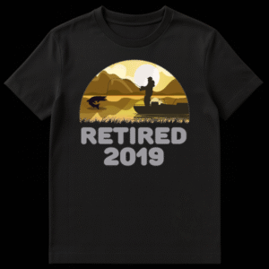 Silhouette of a fisherman in a boat hooking a fish against a sunset with text Retired 2019 on Black t-shirt