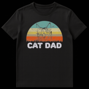 Retro style Cat Dad t-shirt design with a cat face over a vintage sunset and distressed text on Black t-shirt