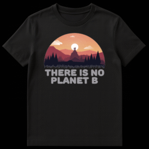 Retro sunset landscape graphic with mountains and trees text reading There Is No Planet B on Black t-shirt