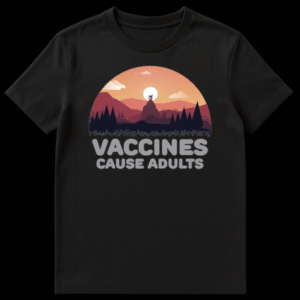 Retro badge illustration of a mountain sunset with text reading Vaccines Cause Adults on Black t-shirt