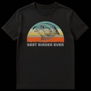 Distressed graphic t-shirt design featuring a sketch of a falcon head over a retro striped sunset with text reading Best Birder Ever on Black t-shirt