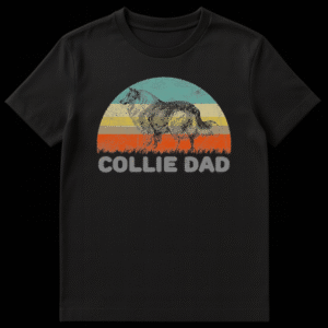 Vintage style t-shirt design with a side profile sketch of a Rough Collie dog against a retro striped sunset background with the text Collie Dad below on Black t-shirt