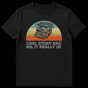Vintage typewriter graphic with retro sunset background and funny meme text on a t-shirt on Black t-shirt