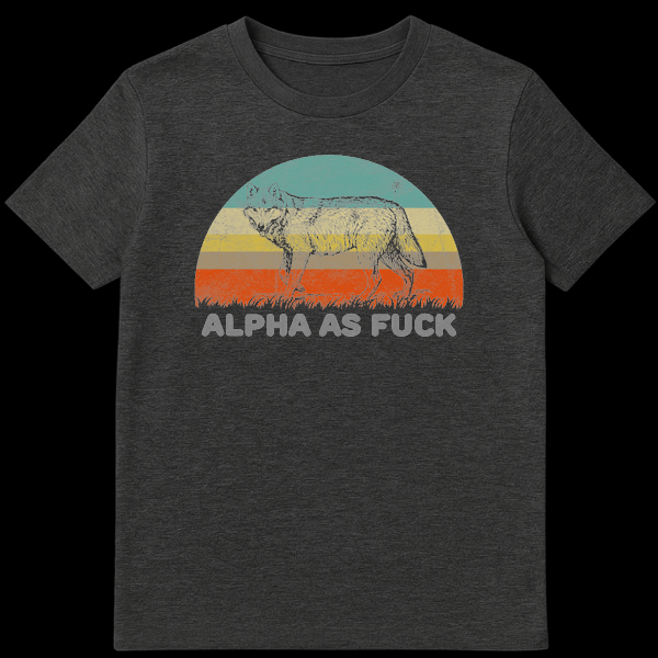 Vintage style t-shirt design featuring a realistic wolf walking in front of a retro striped sunset with the text ALPHA AS FUCK below it on Dark Heather t-shirt