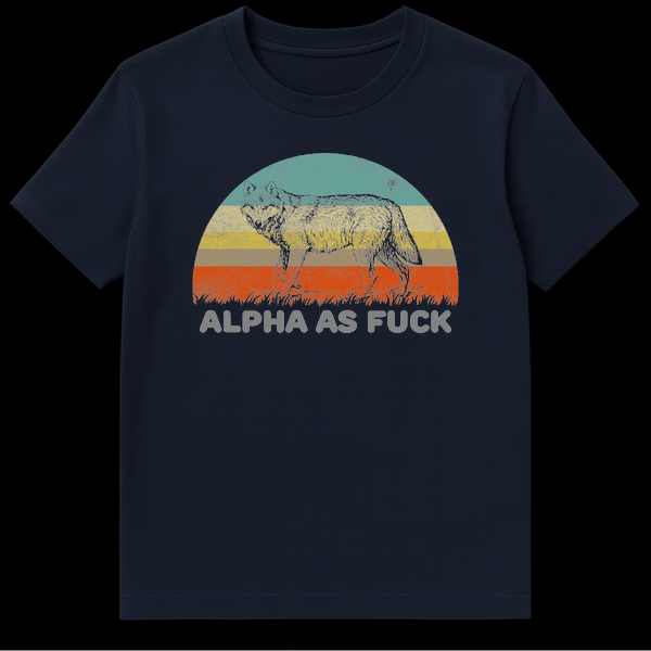 Vintage style t-shirt design featuring a realistic wolf walking in front of a retro striped sunset with the text ALPHA AS FUCK below it on Navy Blue t-shirt