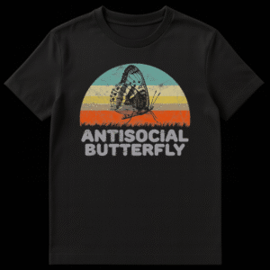 Antisocial Butterfly t-shirt design with vintage sketch of butterfly on grass against a retro striped sunset on Black t-shirt