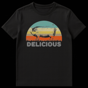 Vintage style t-shirt design with a sketch of a pig in front of a retro striped sunset with the text DELICIOUS below it on Black t-shirt