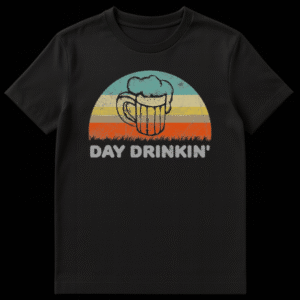 Vintage style t-shirt design with a distressed retro sunset background, a sketch of a foaming beer mug, and bold text reading Day Drinkin' on Black t-shirt