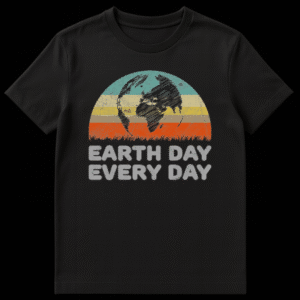 Vintage 'Earth Day Every Day' t-shirt design with a distressed Earth silhouette over retro striped sun and green grass horizon on a black background. on Black t-shirt