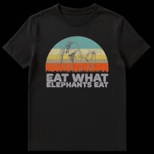 Vintage distressed graphic t-shirt featuring an elephant and 'Eat What Elephants Eat' text against a striped retro sunset background on black. on Black t-shirt