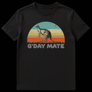 Kangaroo standing in front of a retro striped sunset with G'Day Mate text on Black t-shirt