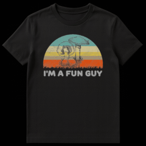 Retro style t-shirt design featuring three mushrooms in front of a striped sunset with text I'M A FUN GUY on Black t-shirt