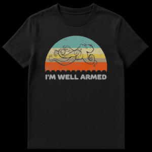 Vintage style octopus illustration with retro sunset background and text I'm Well Armed on Black t-shirt