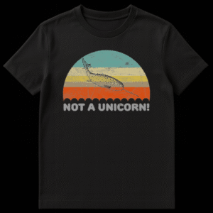 Retro style graphic t-shirt design featuring a sketch of a narwhal over a striped vintage sunset with the text Not A Unicorn below it on Black t-shirt