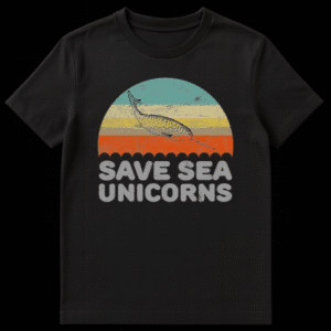 Vintage style t-shirt design with a narwhal swimming in a colorful retro sunset with text Save Sea Unicorns on Black t-shirt