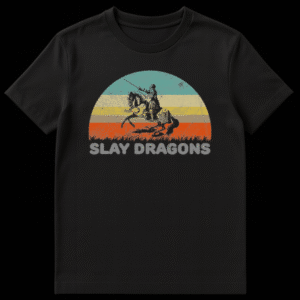 Distressed retro t-shirt design featuring a silhouette of a knight on a rearing horse with a striped sunset background and text Slay Dragons on Black t-shirt