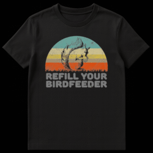 Retro style illustration of a squirrel eating a nut against a striped sunset background with the text Refill Your Birdfeeder below it on Black t-shirt