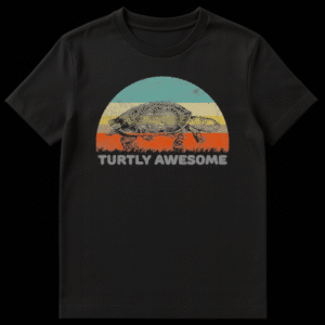 Retro style t-shirt design featuring a box turtle walking in front of a striped sunset with text Turtly Awesome on Black t-shirt